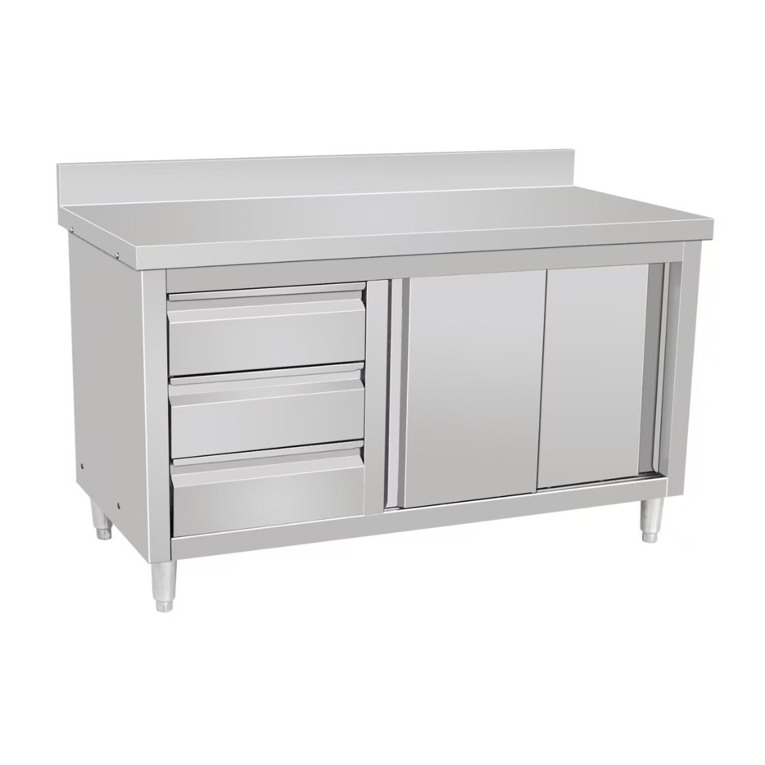 141065 - Stainless Steel Work Table Cabinet with Backsplash, Sliding Doors and 3 Drawers 1200 mm Wide
